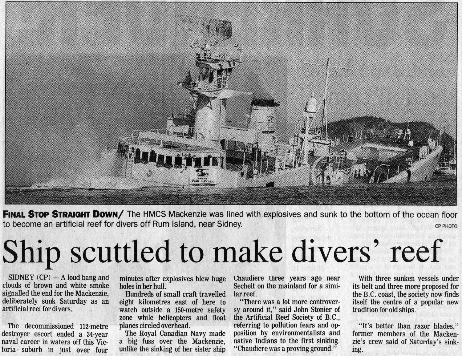 news clipping of scuttling of HMCS Mackenzie.