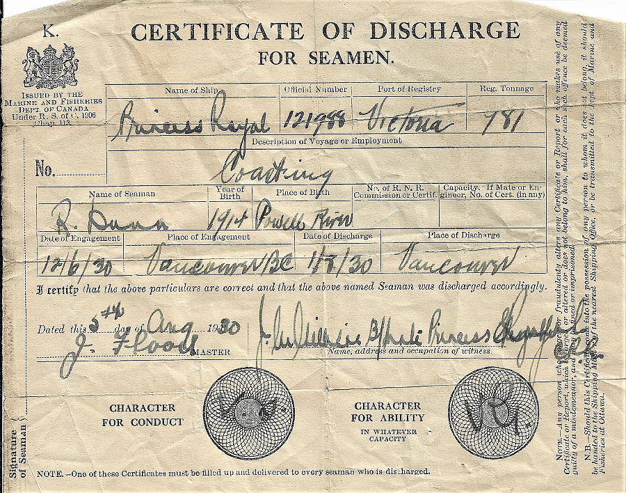 Canadian Pacific Railway : Robert Dunn discharge papers, 1930