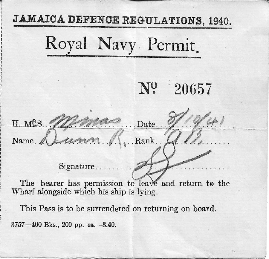 Royal Canadian Navy : Jamaica wharf permit for Robert Dunn, HMCS Minas, 1941