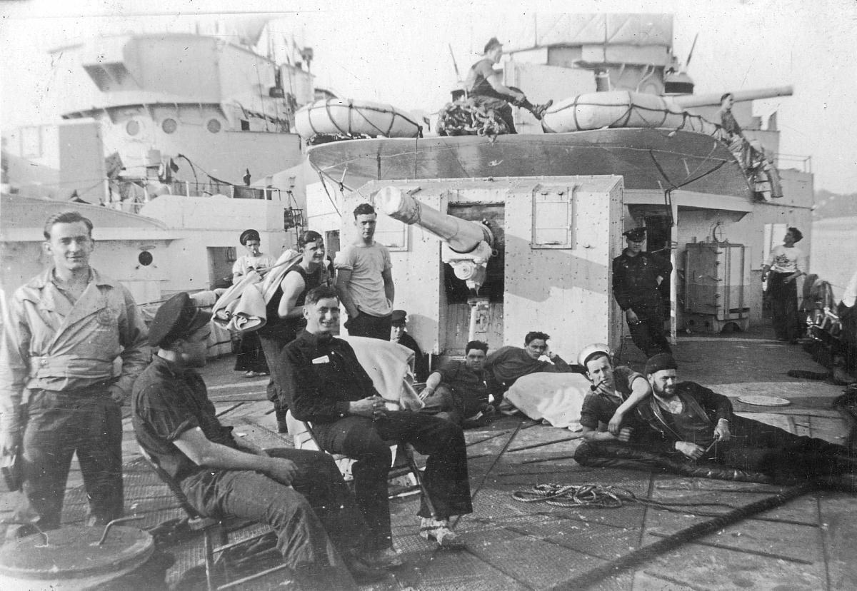 Crew relaxing on Skeena's foc'sle, in Londonderry
