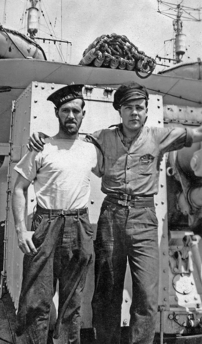 Fred Hollands and unidentified friend on HMCS Skeena
