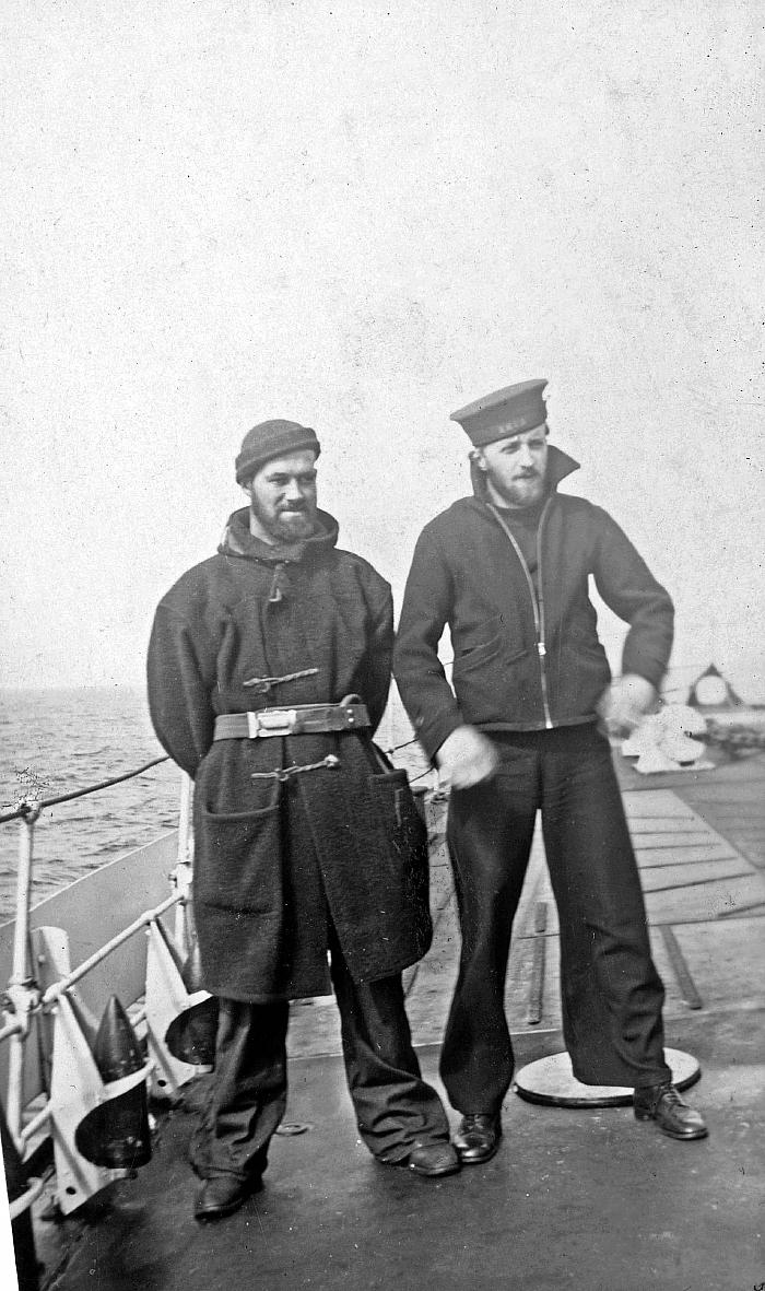 Fred Hollands and unidentified friend on HMCS Skeena