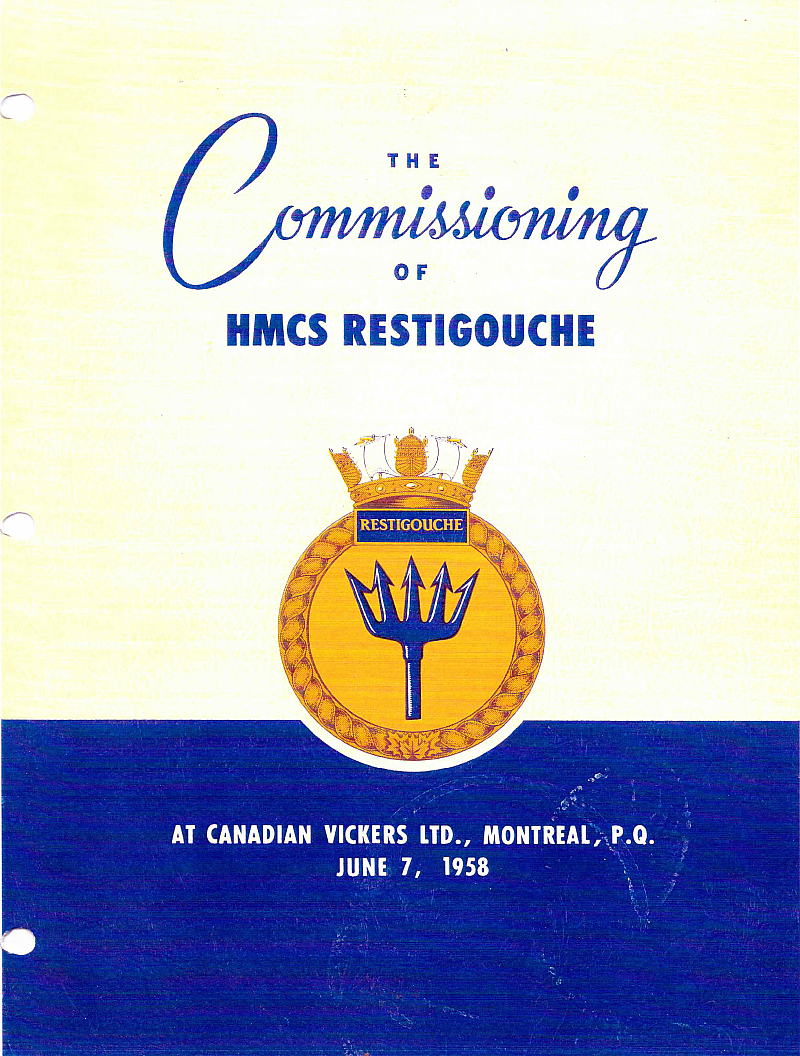 HMCS Restigouche commissioning booklet cover.