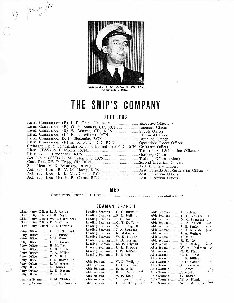 HMCS Restigouche, first page of names of commissioning crew.
