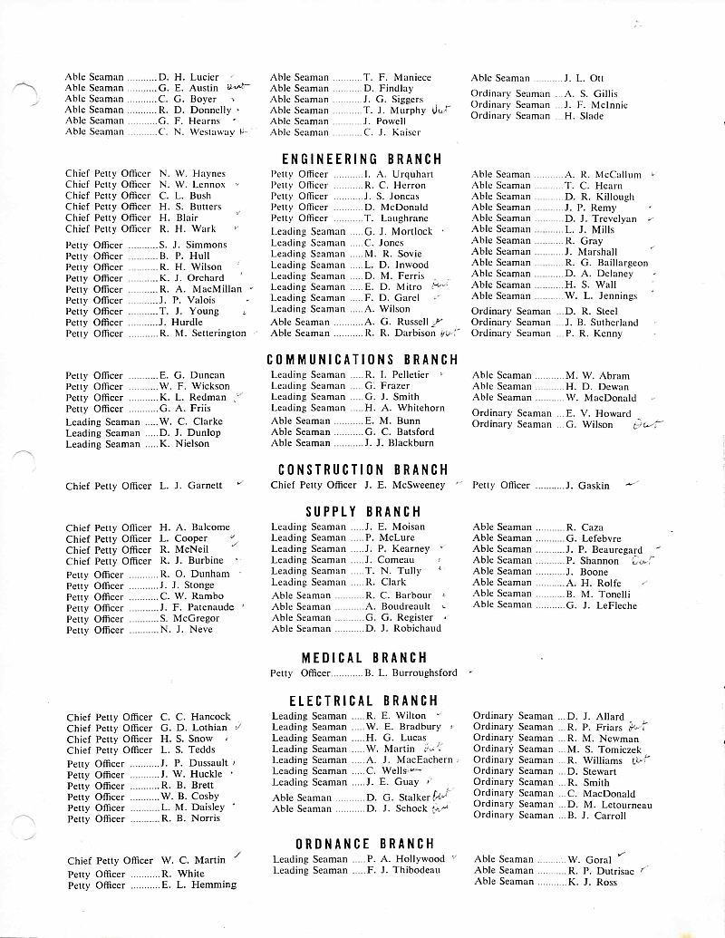 HMCS Restigouche, second page of names of commissioning crew.