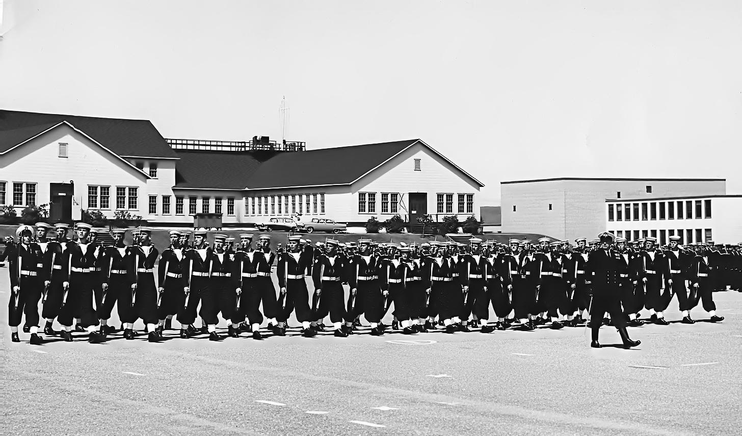 Margaree Division at HMCS Cornwallis, passing-out parade, probably July, 1960.