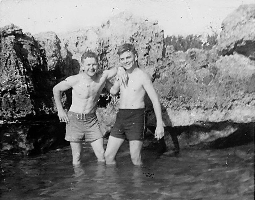 Jim Farrer & Steve Stevenson on HMCS Huron visit to Bermuda, 1962.